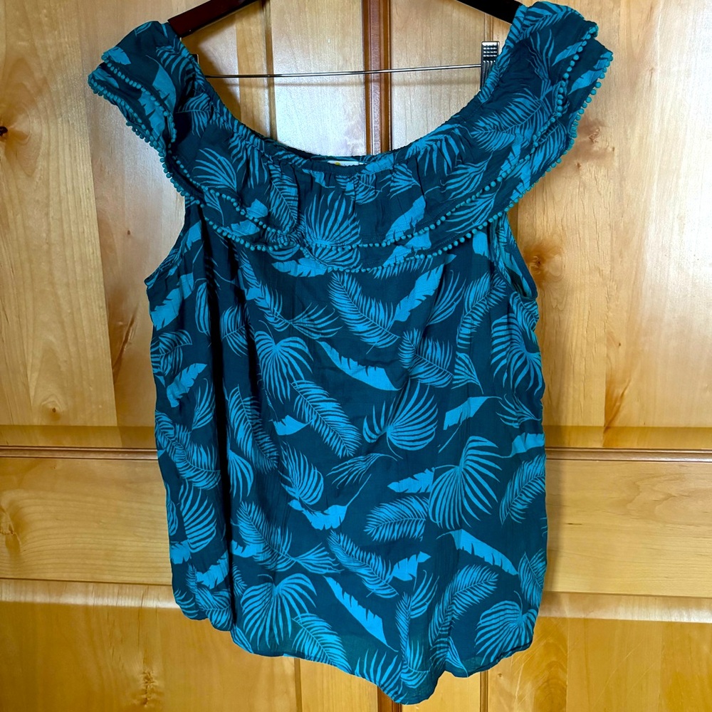 Boden On or Off Shoulder Tropical Print Top. Light & Airy! Size 18, Blue/Green